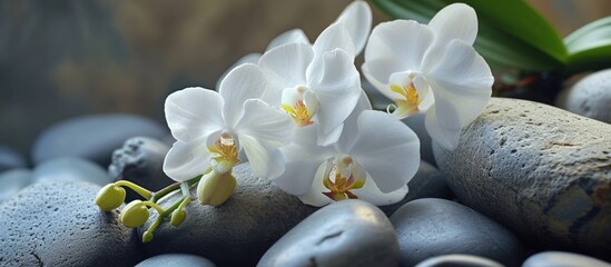 White orchid flowers alongside pale stones.