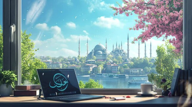 Laptop by the Window with Mosque Landscape View Seamless looping 4k time-lapse virtual video animation background. Generated AI