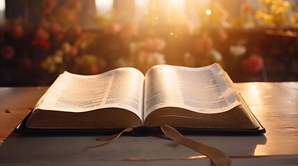 Bible book opened on wooden table with sunset light background. to learn to understand the Bible in order to pray to God - obrazy, fototapety, plakaty