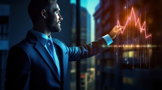 A businessman looks at a trading report presentation hologram screen, with a nighttime city view in the background.