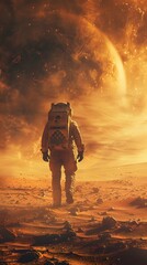 astronaut walking on mars with heavy fog