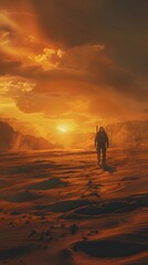 Fototapeta na wymiar astronaut walking on mars with heavy fog