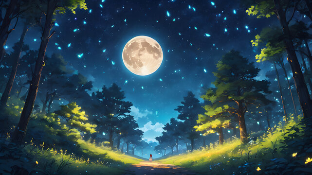 A forest at night, illuminated by the glow of a full moon and dotted with ethereal fireflies fluttering among the mystical Flora, creating a tranquil atmosphere