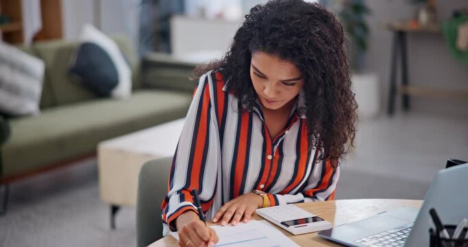 Calculator, writing and business woman in home office checking financial budget of company. Document, finance career and professional female freelancer accountant with remote work on project at house