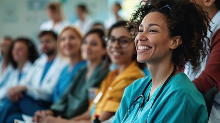 smiling cheerful nurse doctor sit relax in seminar training class nurse doctor group happiness positive face expression in education class hospital background,ai generate - Powered by Adobe