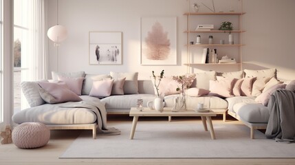 Modern elegant living room interior design inspired by scandinavian simplicity  - obrazy, fototapety, plakaty