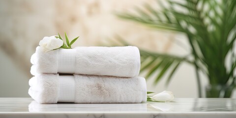 Towels on marble table with blurred bathroom background, for product display montage.