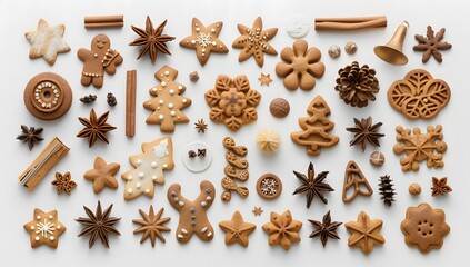 arrangement of various christmas shaped cookies against a white surface