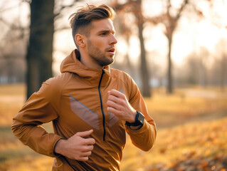 A 20s male fitness model trains outdoors for a marathon, alternating sprints and steady pace. Focused on his smartwatch heart rate monitor.