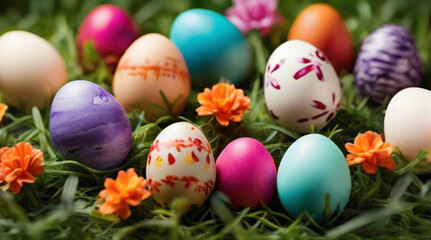 Obraz na płótnie Canvas Easter eggs decoration and decoration embedded on the eggs with golden designing with text copy space in the middle in blue red green color with background colors and rabbits with glitters 