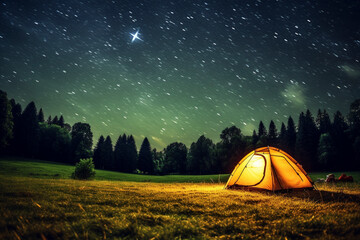 A tent in the forest lit up by the night sky - obrazy, fototapety, plakaty
