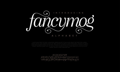 Fancymog premium luxury elegant alphabet letters and numbers. Elegant wedding typography classic serif font decorative vintage retro. Creative vector illustration