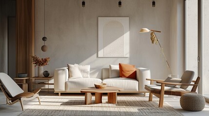 Fototapeta na wymiar Interior of modern contemporary living room with elegant color palette and scandinavian elegance 
