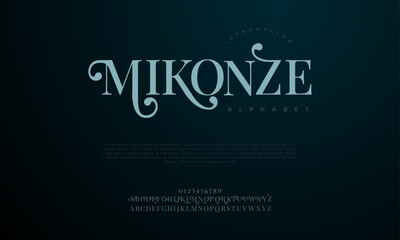 Mikonze premium luxury elegant alphabet letters and numbers. Elegant wedding typography classic serif font decorative vintage retro. Creative vector illustration