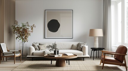 Fototapeta na wymiar Interior of modern contemporary living room with elegant color palette and scandinavian elegance 