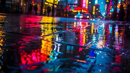 Neon lights and reflections on wet city streets on a rainy night