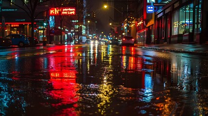 Neon lights and reflections on wet city streets on a rainy night