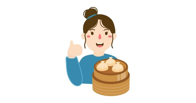 woman selling dumpling or mandu or dimsum animation