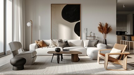 Interior of modern contemporary  living room with elegant color palette and scandinavian elegance 