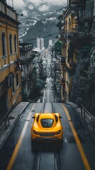 Powerful yellow sports car overcomes narrow and winding city street