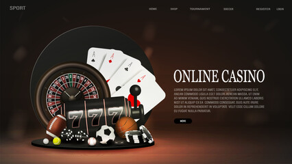 A web banner with sports balls, cards, chips, dice and roulette for poker and casinos. A concept for sports betting.