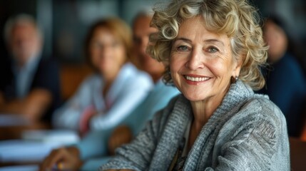 smlie of senior woman and team in boardroom discussing a project. modern office background.
