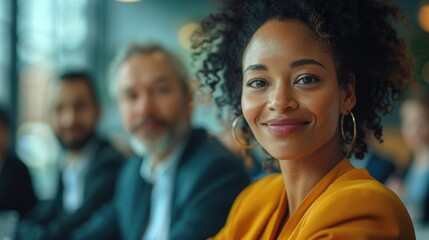 Obraz premium portrait of a african ameircan young woman . Happy Business team in boardroom discussing a project.