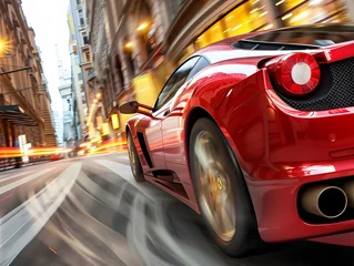 Zelfklevend Fotobehang Powerful red sports car overcomes narrow and winding city street © Lin_Studio