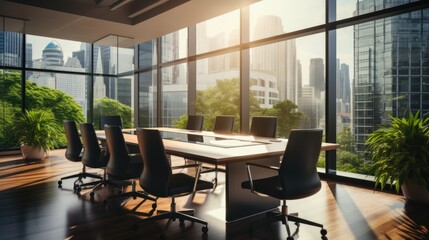 modern office interior.  boardroom discussing a project in the morning.