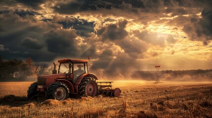 Fototapeta premium Tractor in the field harvesting