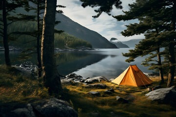 Fototapeta na wymiar Solitary Orange Tent Amidst Green Fjord Landscape: A Captivating View of Fjord Camping Bliss