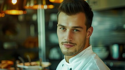 Fototapeta premium Young man cook restaurant kitchen chef wallpaper background