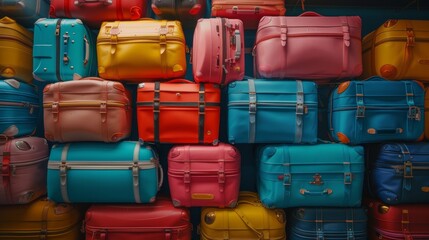 The airport storage area is filled with an organized arrangement of suitcases and bags creating a colorful and uniform display of travel belongings.