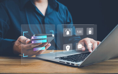 User authentication system with username and password, cybersecurity concept, information security and encryption, secure Internet access, technology and cybernetics. computer security system.