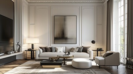 Interior of modern sophisticated living room with elegant color palette and scandinavian elegance 