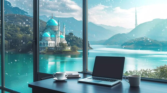Laptop and Coffee Cup by the Window, Sunlit Mosque Landscape View Seamless looping 4k time-lapse virtual video animation background. Generated AI