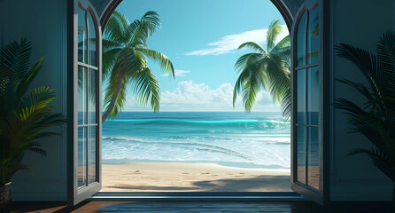 a window into a room shows the ocean