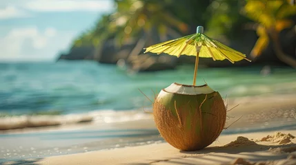 Fotobehang Сoconut tropical milk cocktail with umbrella on sea shore wallpaper background  © Irina