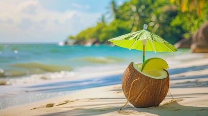 Сoconut tropical milk cocktail with umbrella on sea shore wallpaper background
