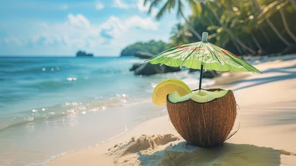 Poster Сoconut tropical milk cocktail with umbrella on sea shore wallpaper background  © Irina