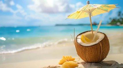 Foto auf Acrylglas Сoconut tropical milk cocktail with umbrella on sea shore wallpaper background  © Irina