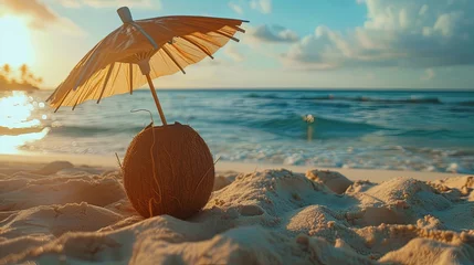 Foto op Plexiglas Сoconut tropical milk cocktail with umbrella on sea shore wallpaper background  © Irina