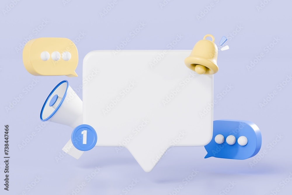 Poster 3d white square speech bubble with megaphone and bell notification icon symbol. subscribe and newsle