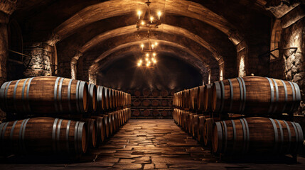 Fototapeta na wymiar Several barrels of wine in a wine cellar in a traditional underground winery comeliness