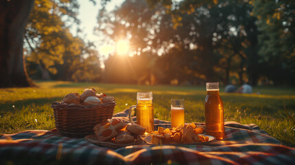 picnic in the park at Spring on a blanket in the grass, high angle view of picnic with beers and snacks at summer - Powered by Adobe