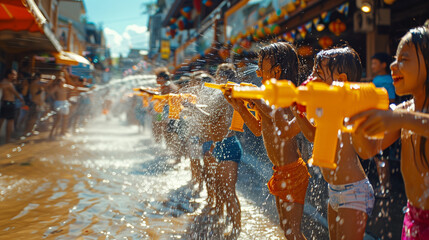 Songkran Festival Thailand kids playing with waterguns - obrazy, fototapety, plakaty