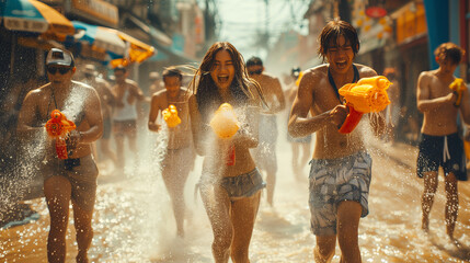 Naklejka premium playing with water gun, Songkran Festival Thailand, a crowd of people playing with water on the street, Thai Songkran Festival, Thai New Year in Thailand a festival where people play with water