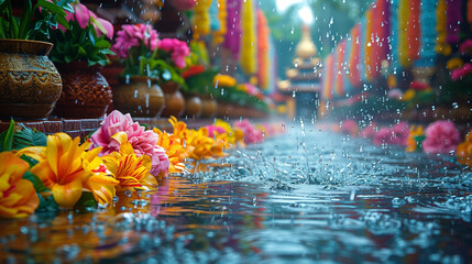 flowers and water outside a temple in Thailand at Songkran festival,  - obrazy, fototapety, plakaty