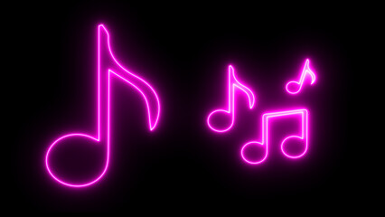 Glowing neon effect music icon. Music notes icon. Musical key signs illustration. Neon music note icon. Glowing neon Music note icons set. Isolated music notes symbols on black background.