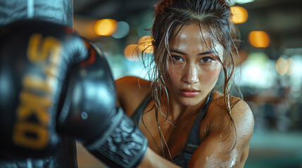 Female Thai Muay Thai boxer looking into a camera at a boxing studio. Woman Muay Thai boxer training hard  - obrazy, fototapety, plakaty